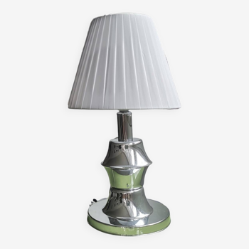 Mid Century Modern chromed table lamp with white pleated shade