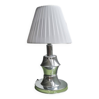 Mid Century Modern chromed table lamp with white pleated shade