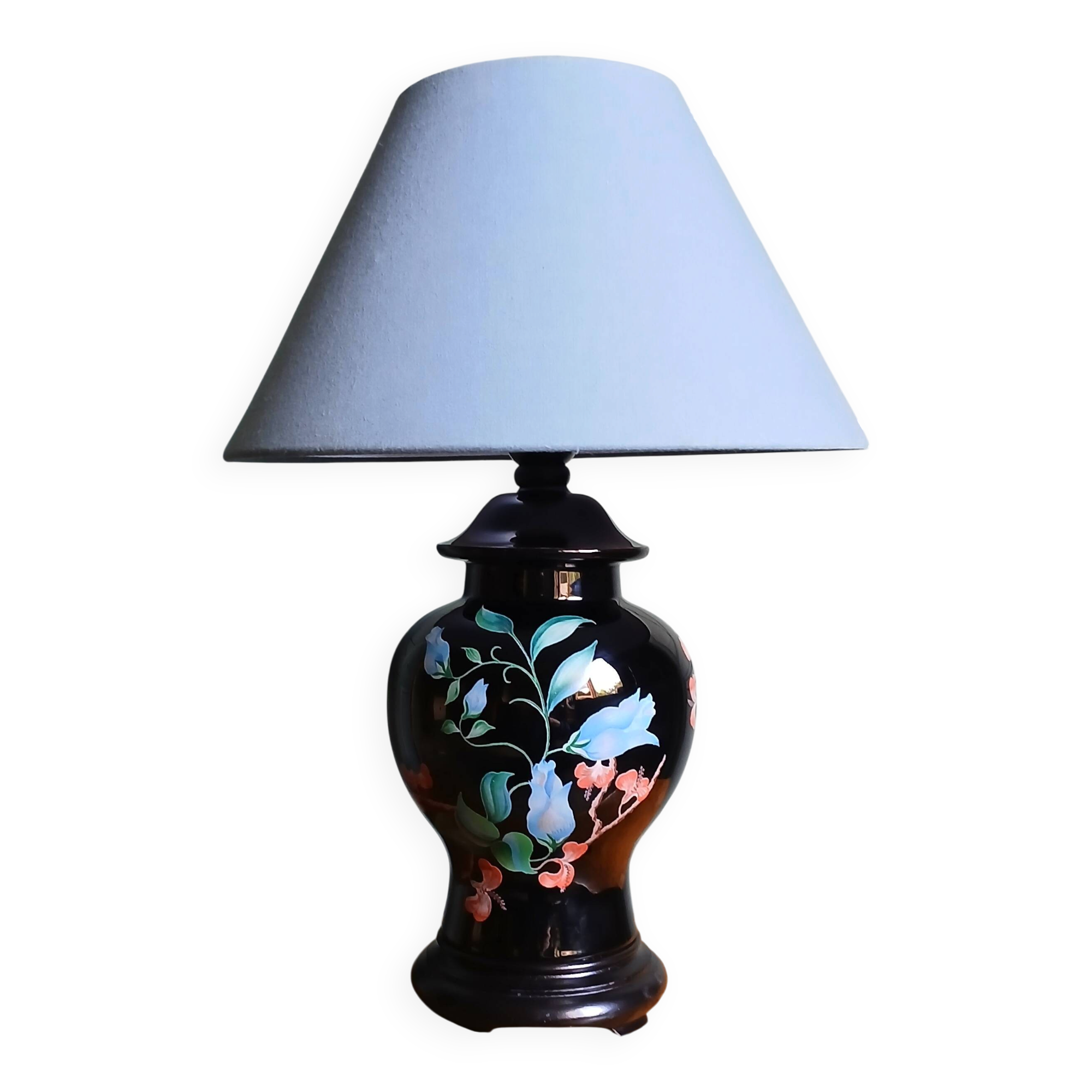 Japanese-style lamp in black ceramic & wood with organic 80's decor
