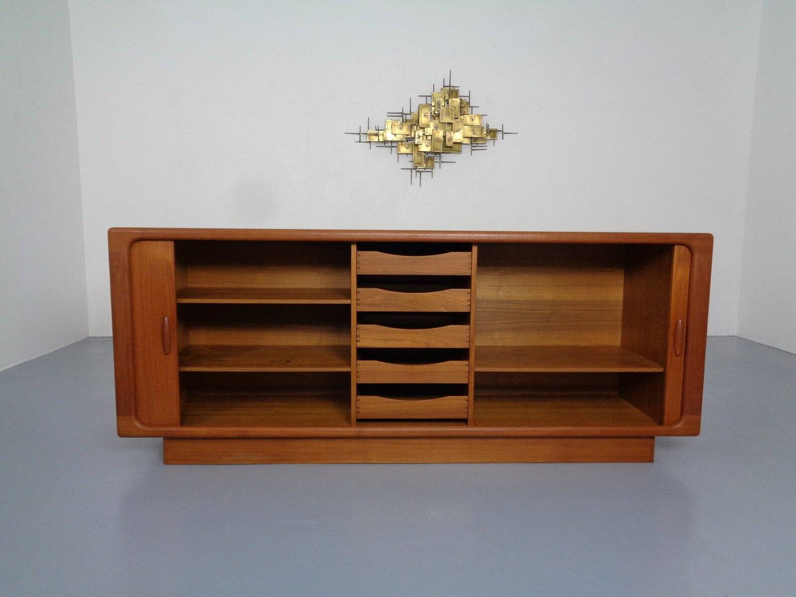 Large teak tambour sideboard from Dyrlund, Denmark, 1970s.