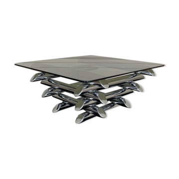 Table basse tubulaire, verre et acier, Italie 1970