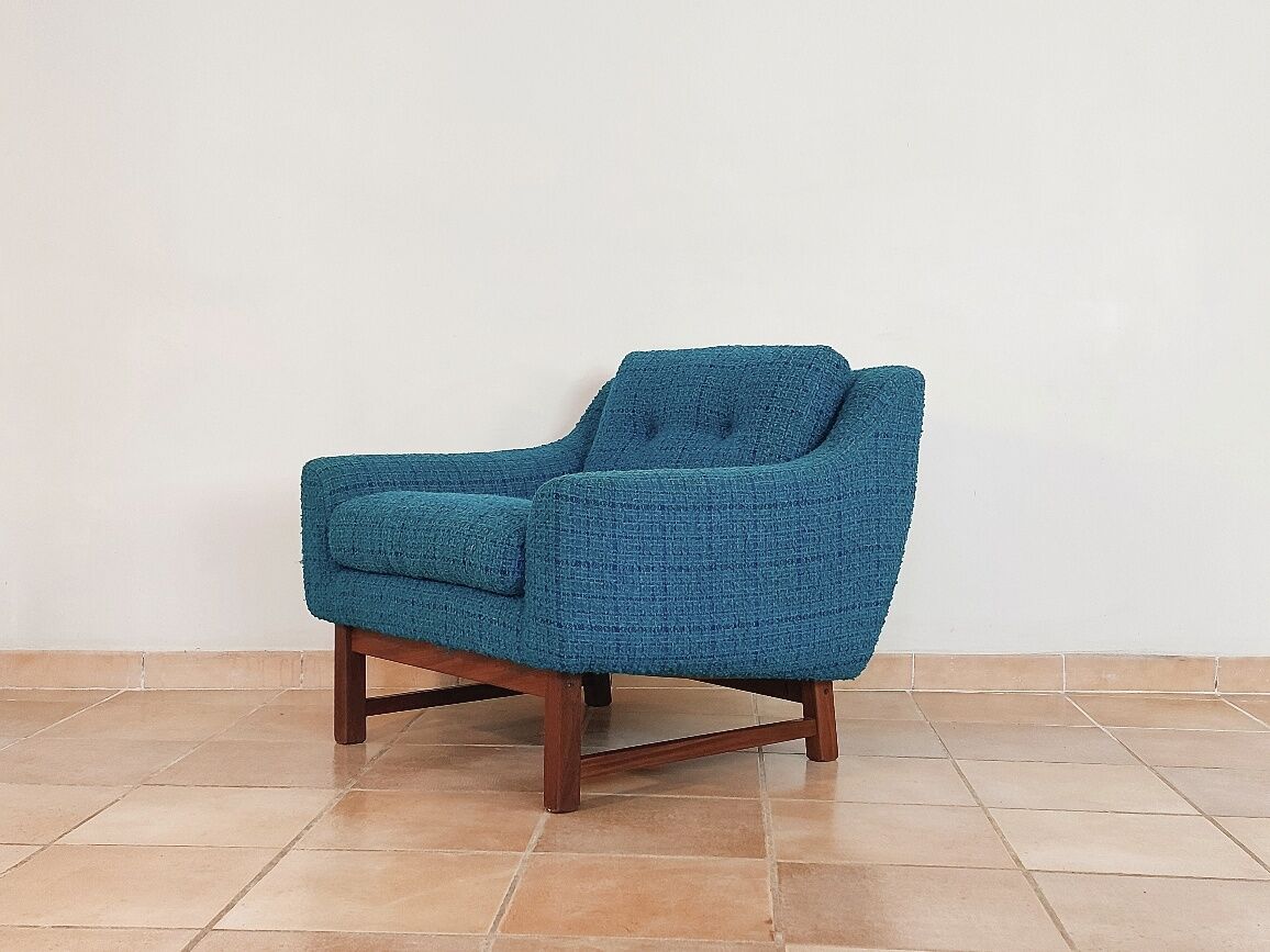 Norwegian living room set in blue fabric, vintage scandinavian 1960s