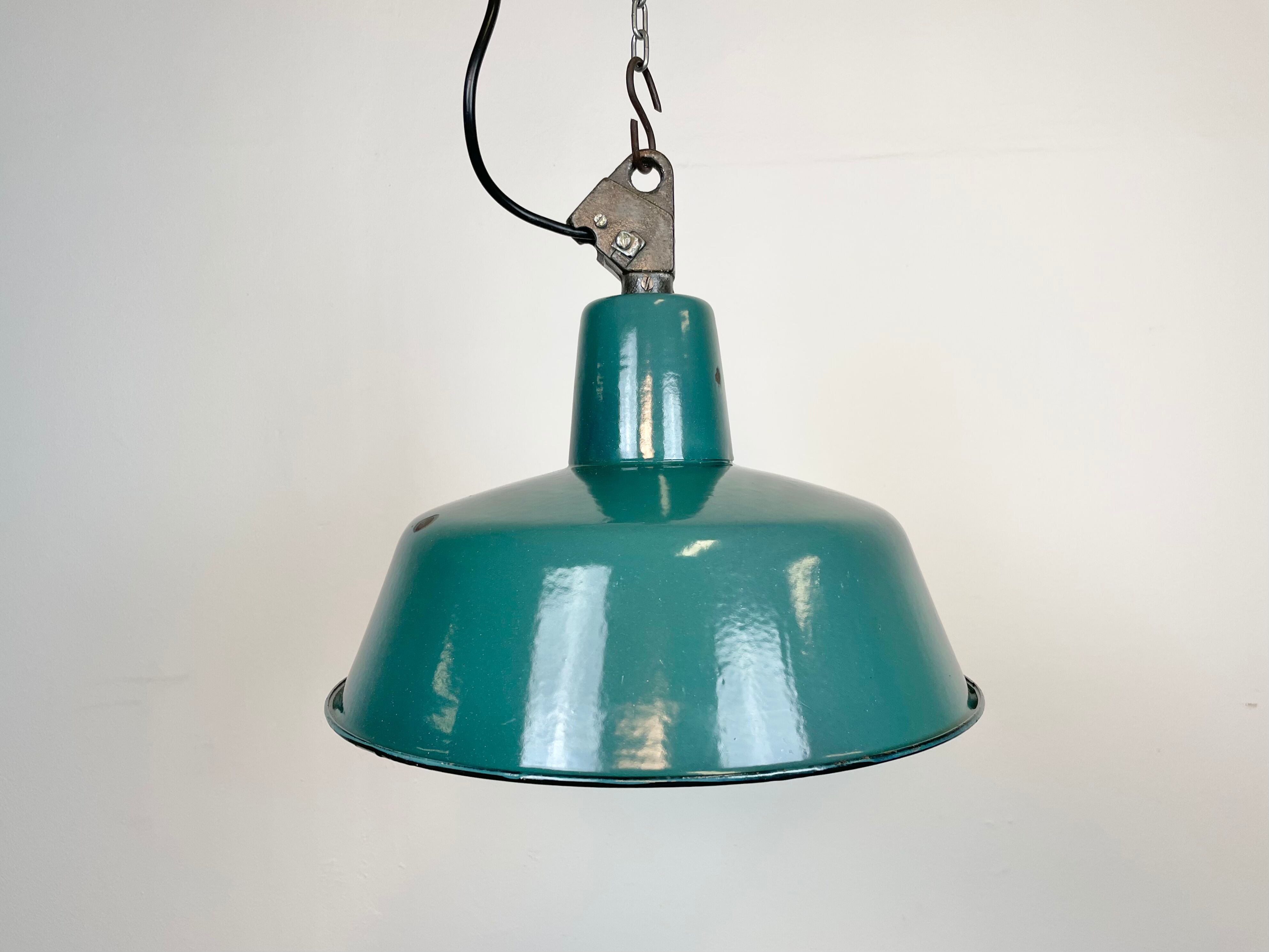 Industrial Green Enamel Factory Lamp with Cast Iron Top, 1960s