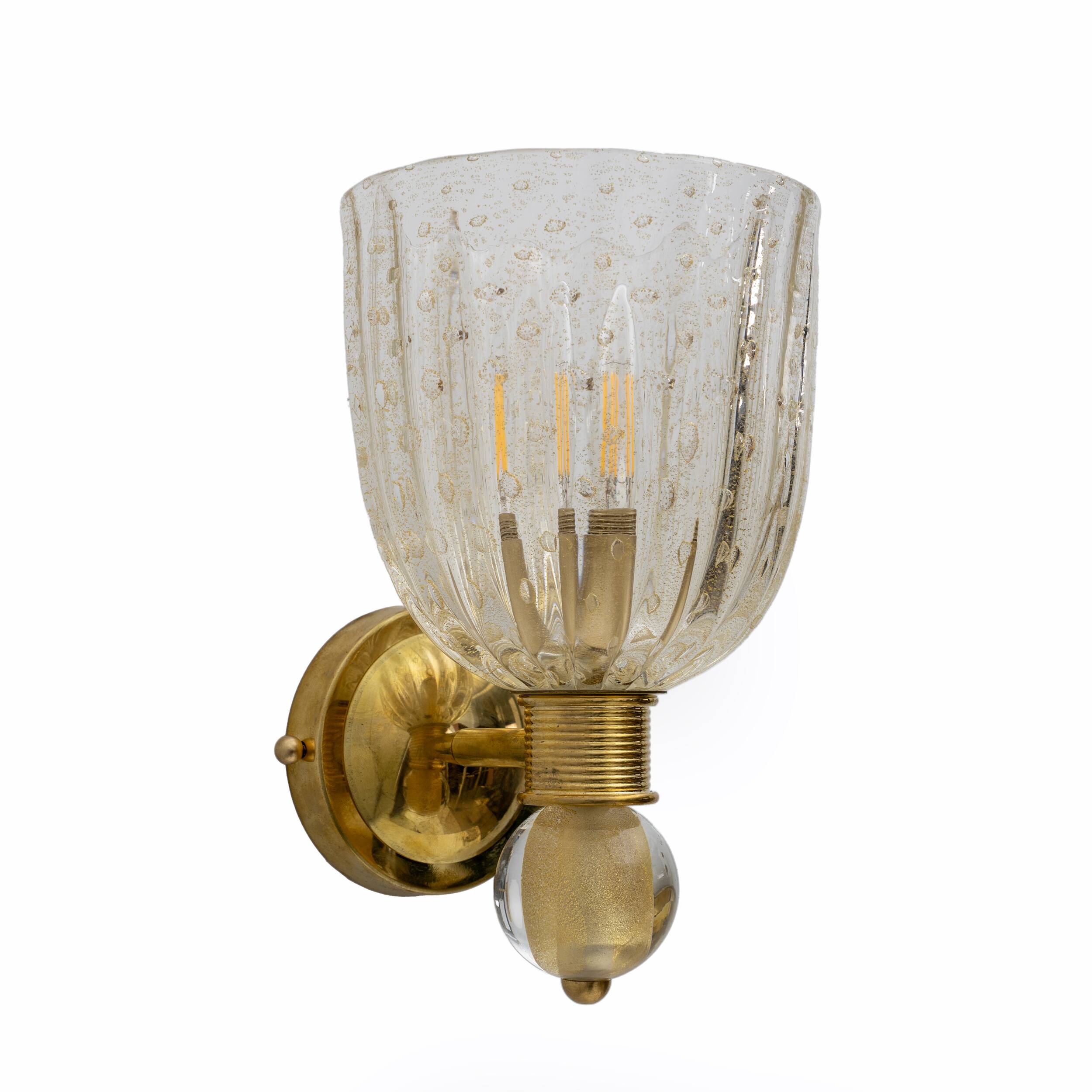 Barovier & Toso style  Brass and Pulegoso Murano Glass Sconces, Pair