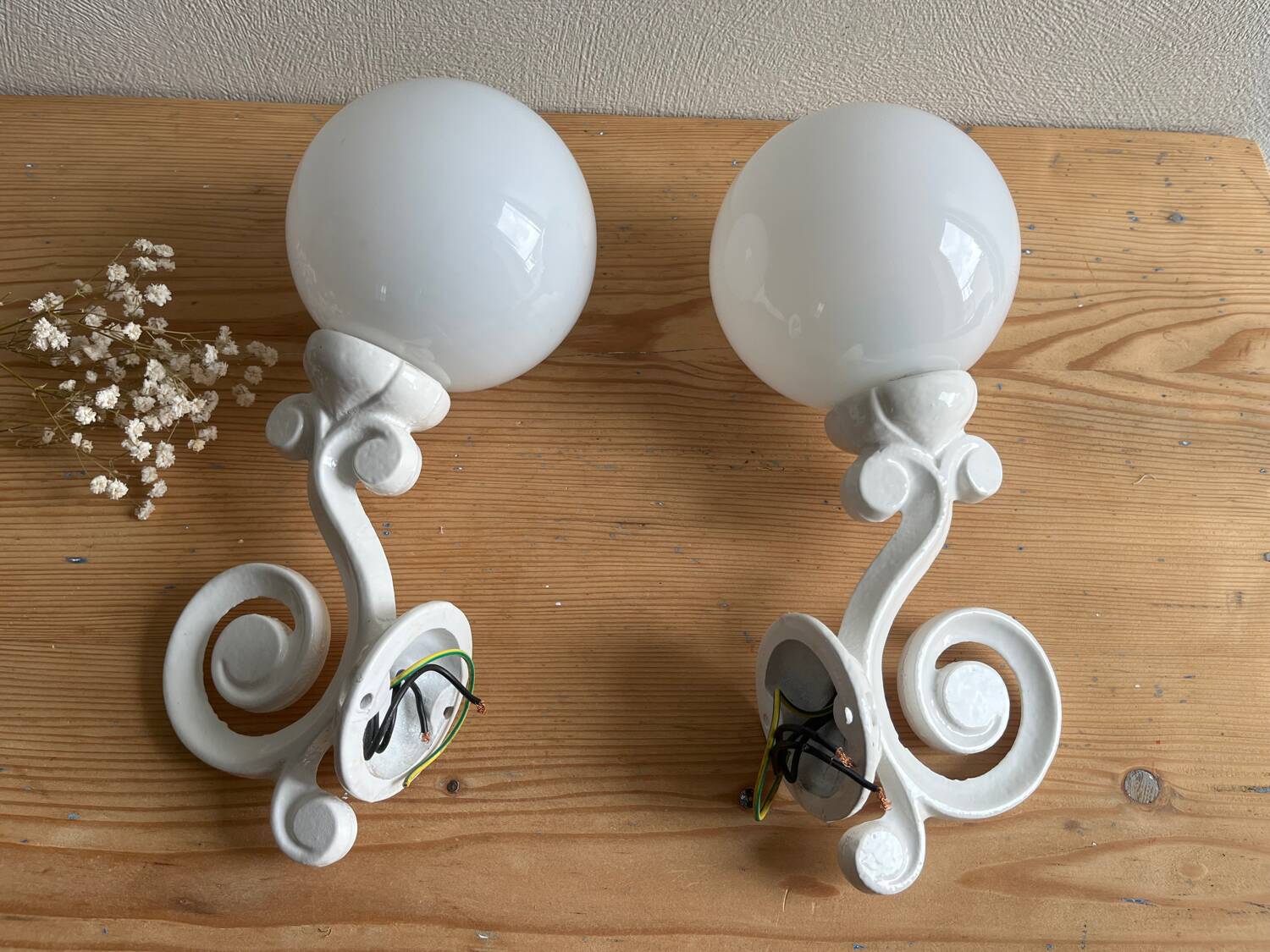 Antique enamelled cast iron wall lights / opaline globe