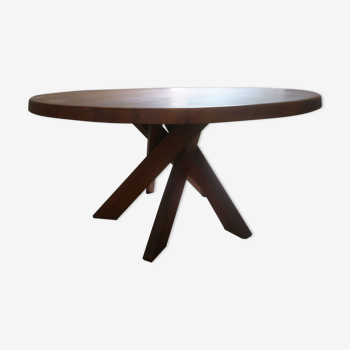 Round table 10 covered in solid elm by the designer Pierre Chapo