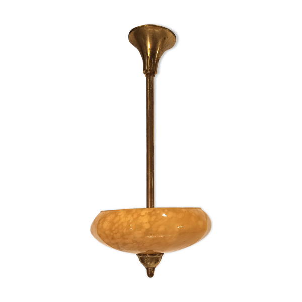 Lustre ancien en verre de Clichy jaune moutarde et laiton doré — Beyit