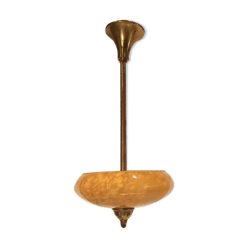 Lustre ancien en verre de Clichy jaune moutarde et laiton doré