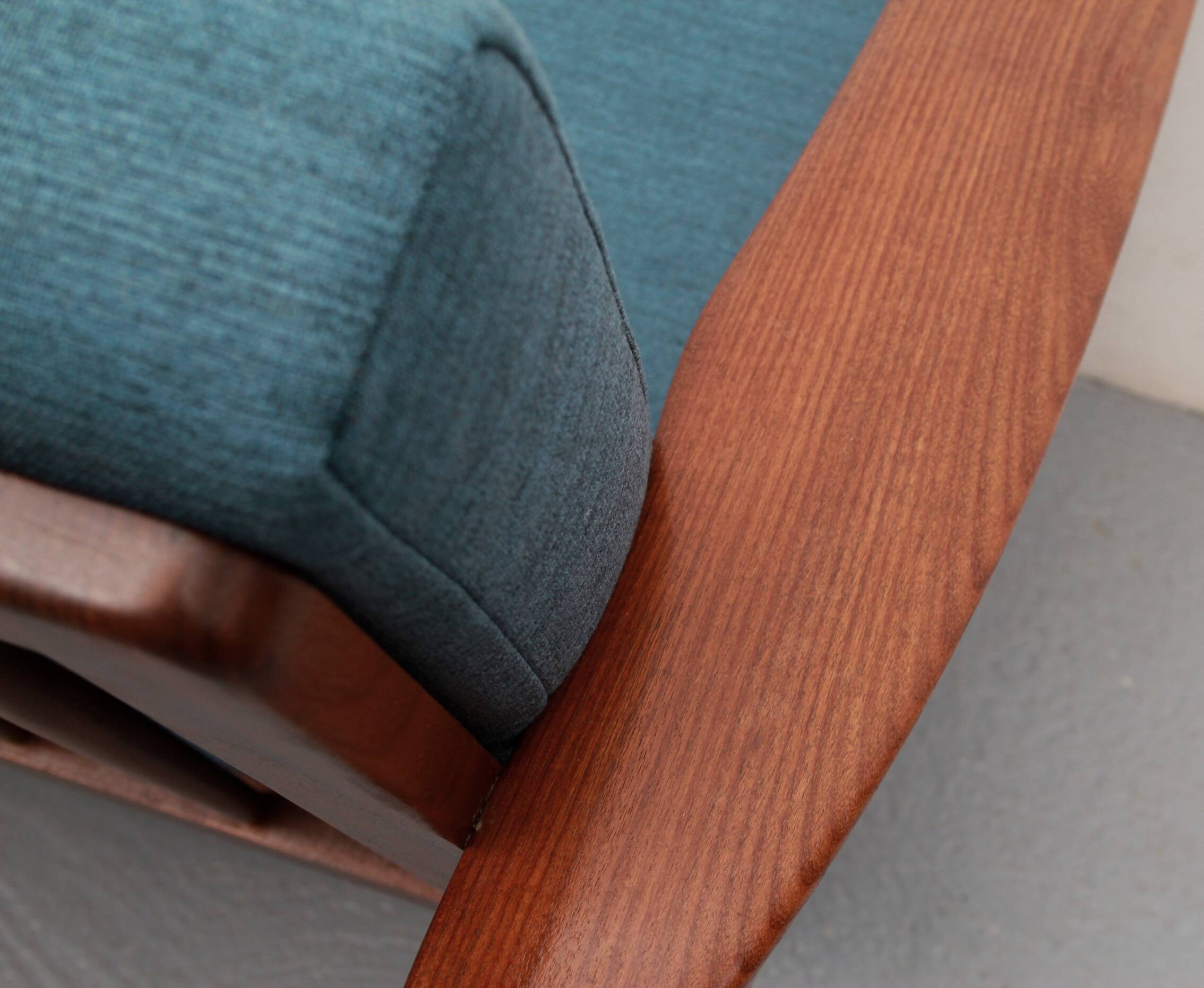 1960s armchair in teak, cushions petrol