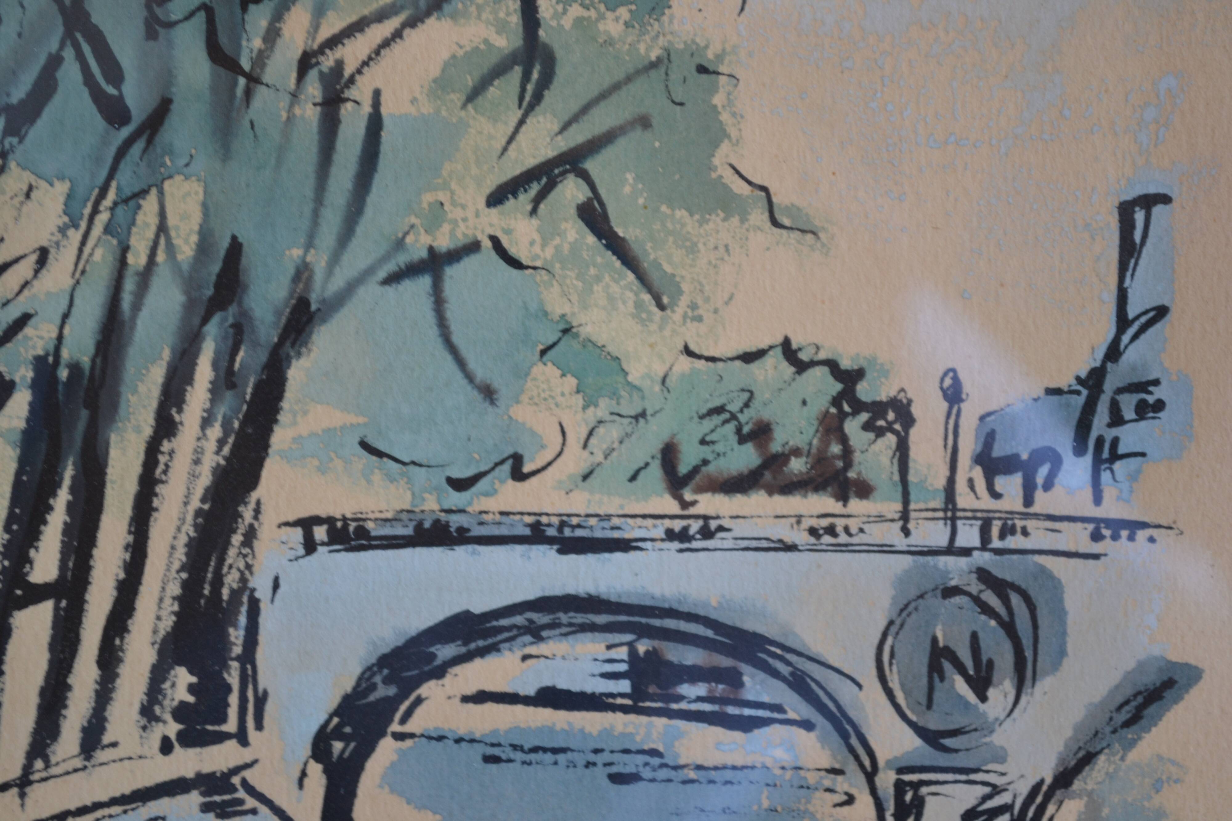 Paris the quai des orfèvres and the pont saint michel painting framed under glass