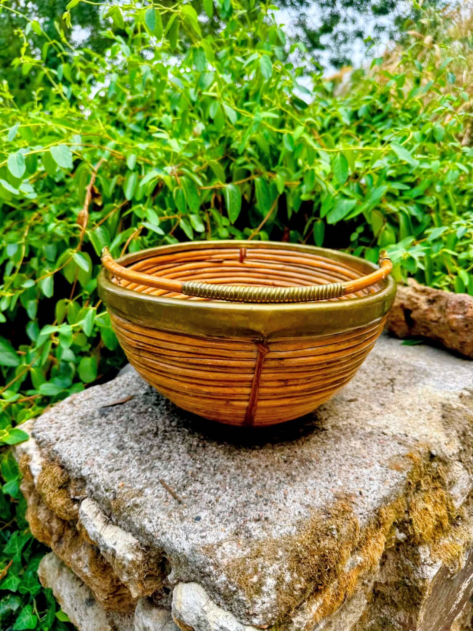 Large rattan basket brass Gabriella Crespi 1960s