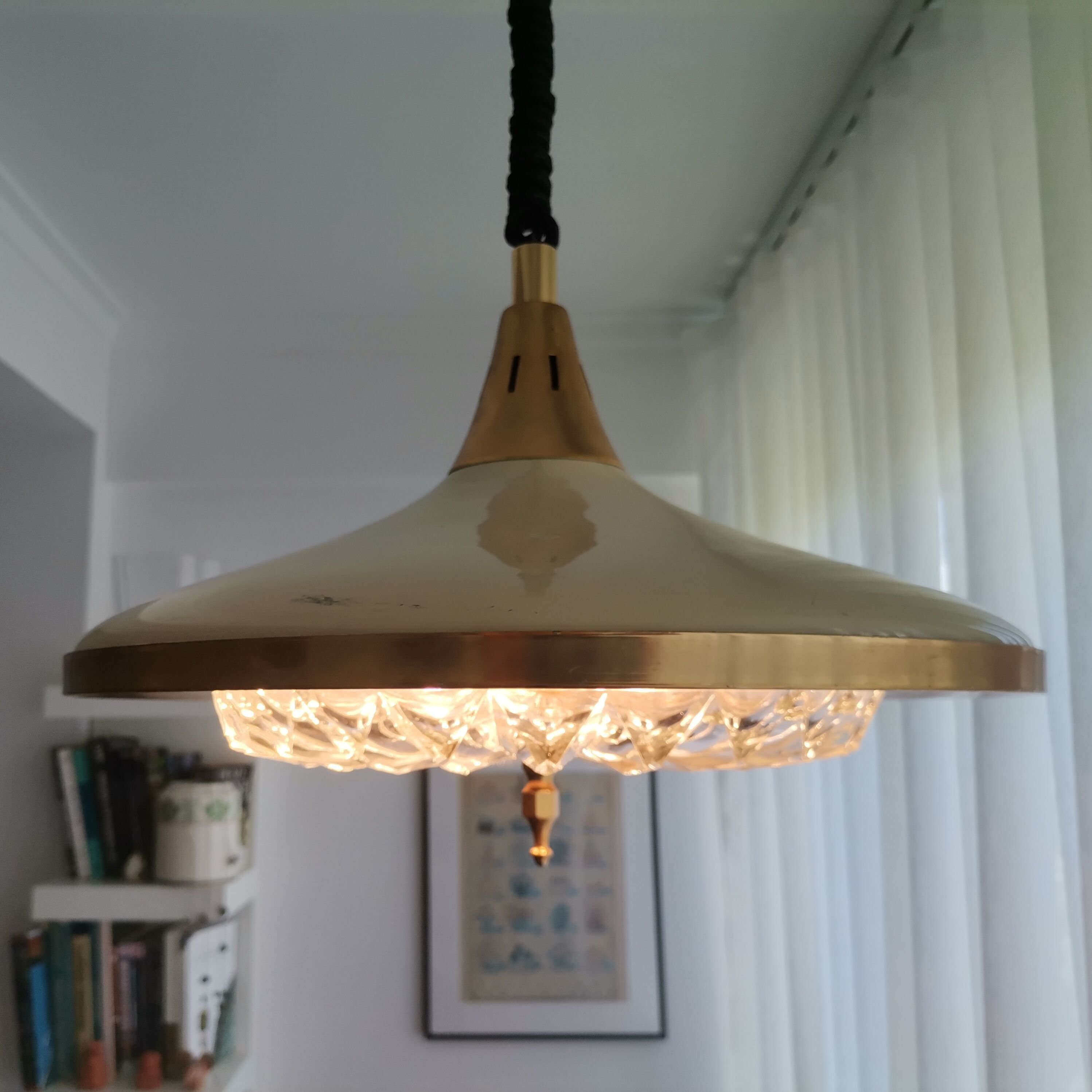 1960s mid century cream metal and crystal pull down large hanging lamp