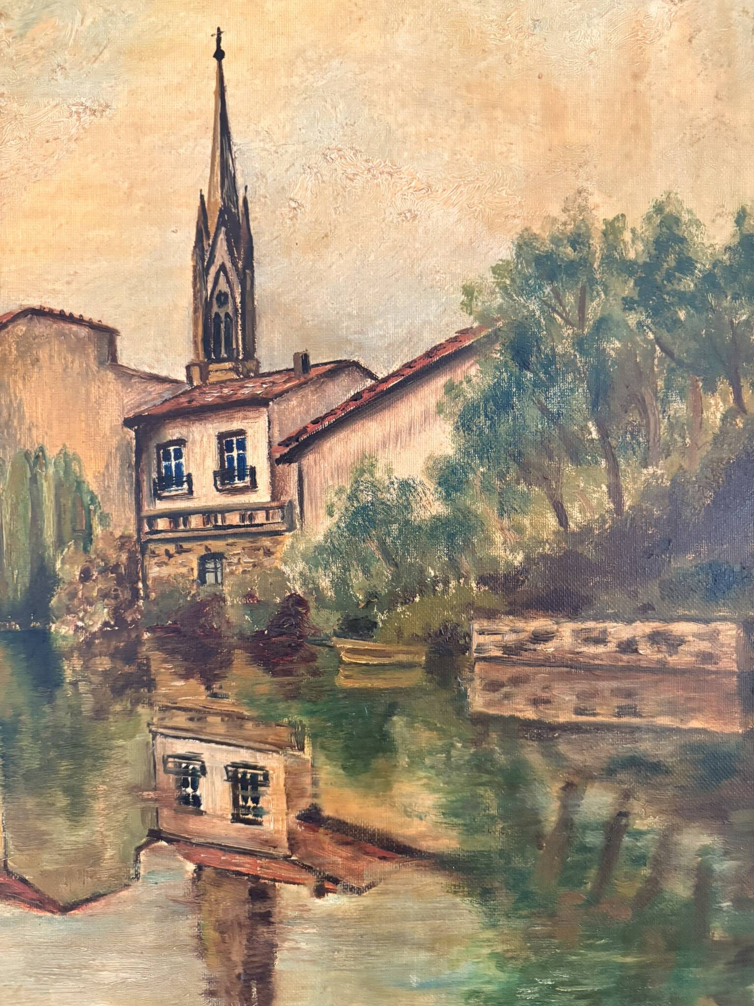 Old Oil Painting Canvas Linen River Church Village Bridge Signed D