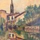 Old Oil Painting Canvas Linen River Church Village Bridge Signed D