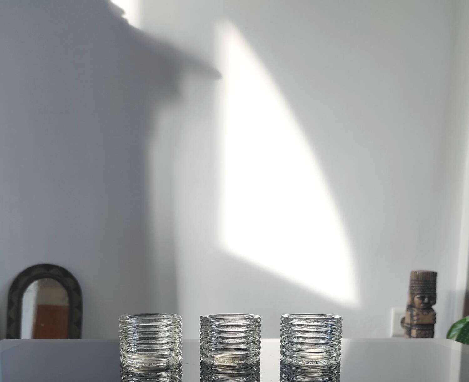 Set of 3 vintage ribbed pressed glass candle holders – 1970s