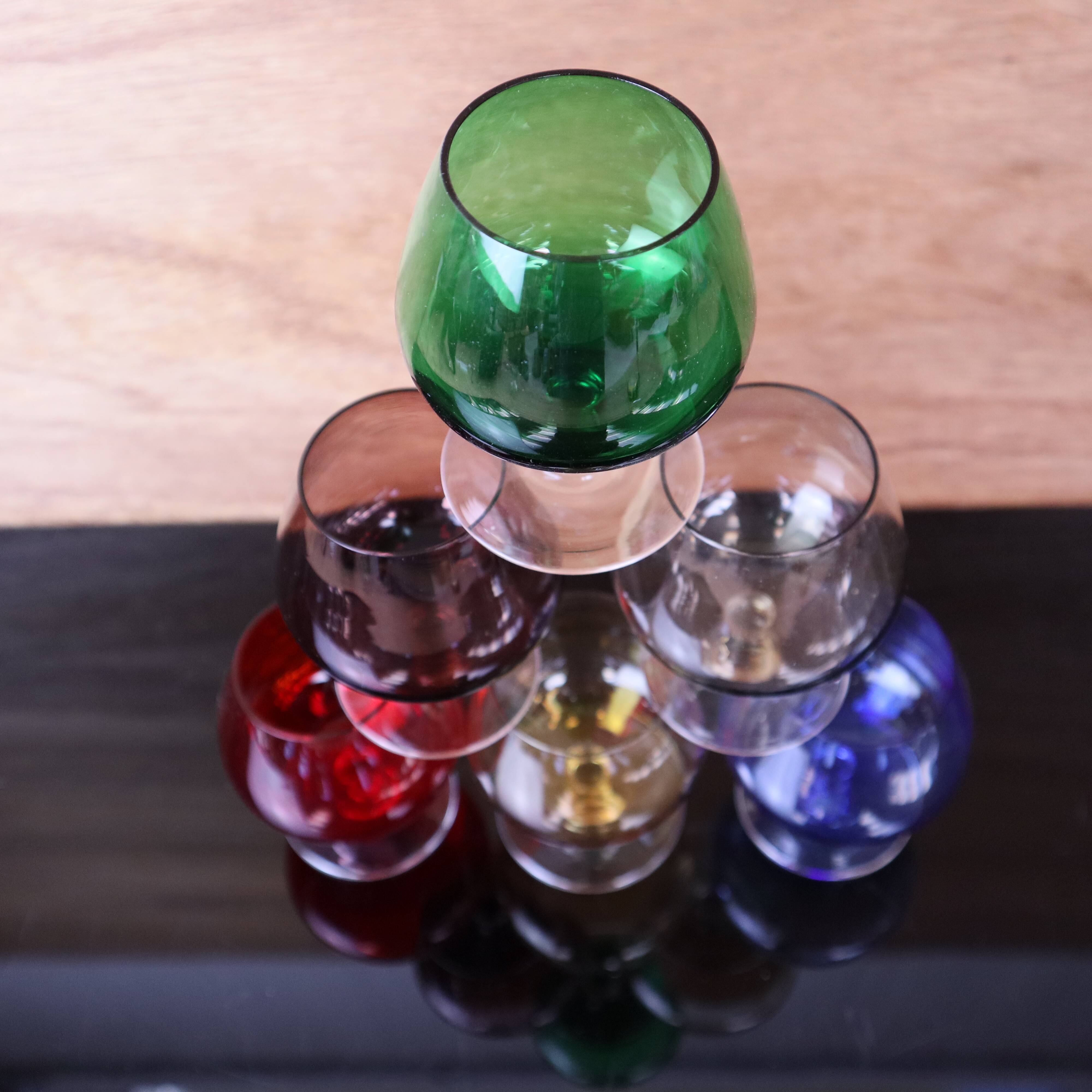 6 vintage coloured cognac glasses