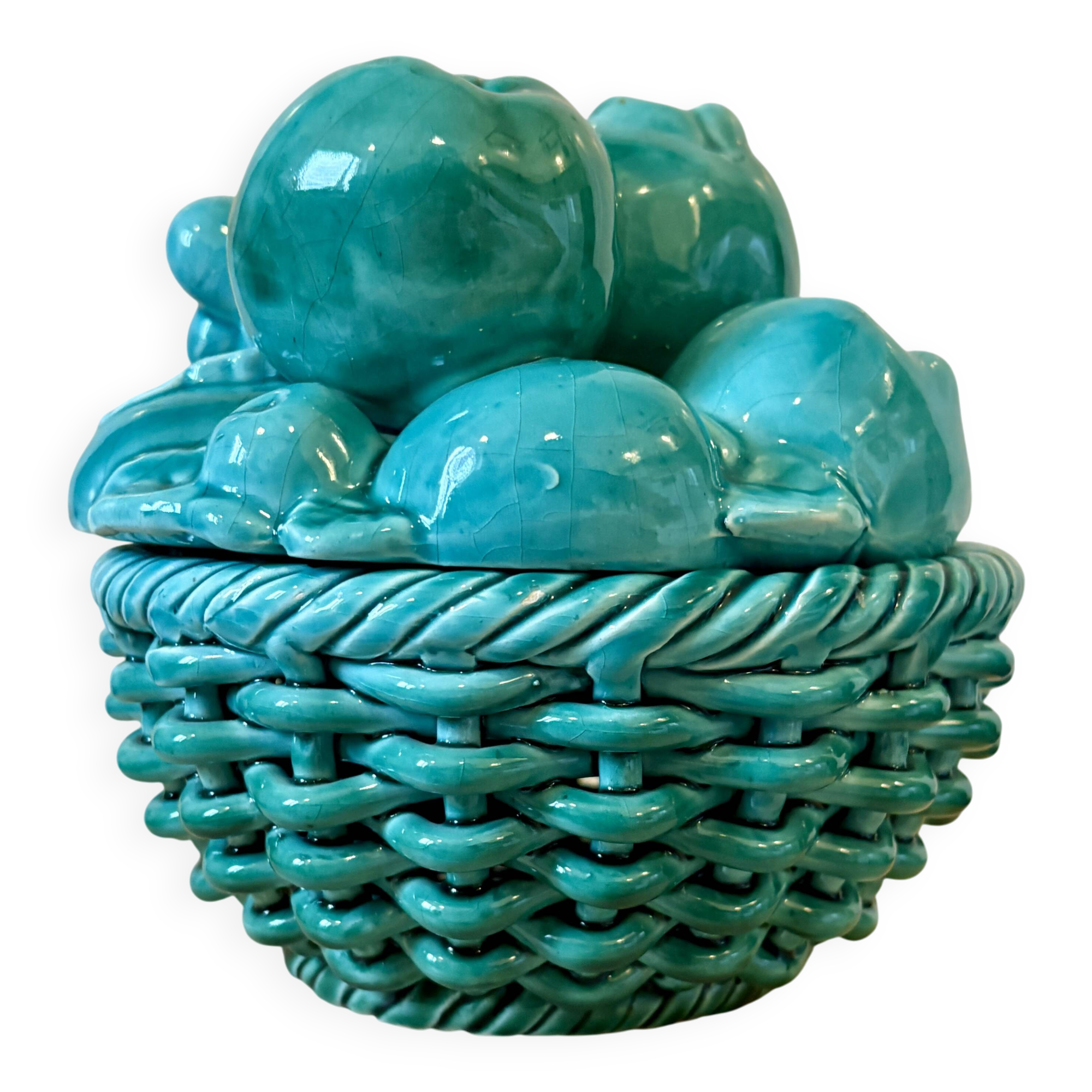 Vintage green earthenware plate/basket with fruit decorations.