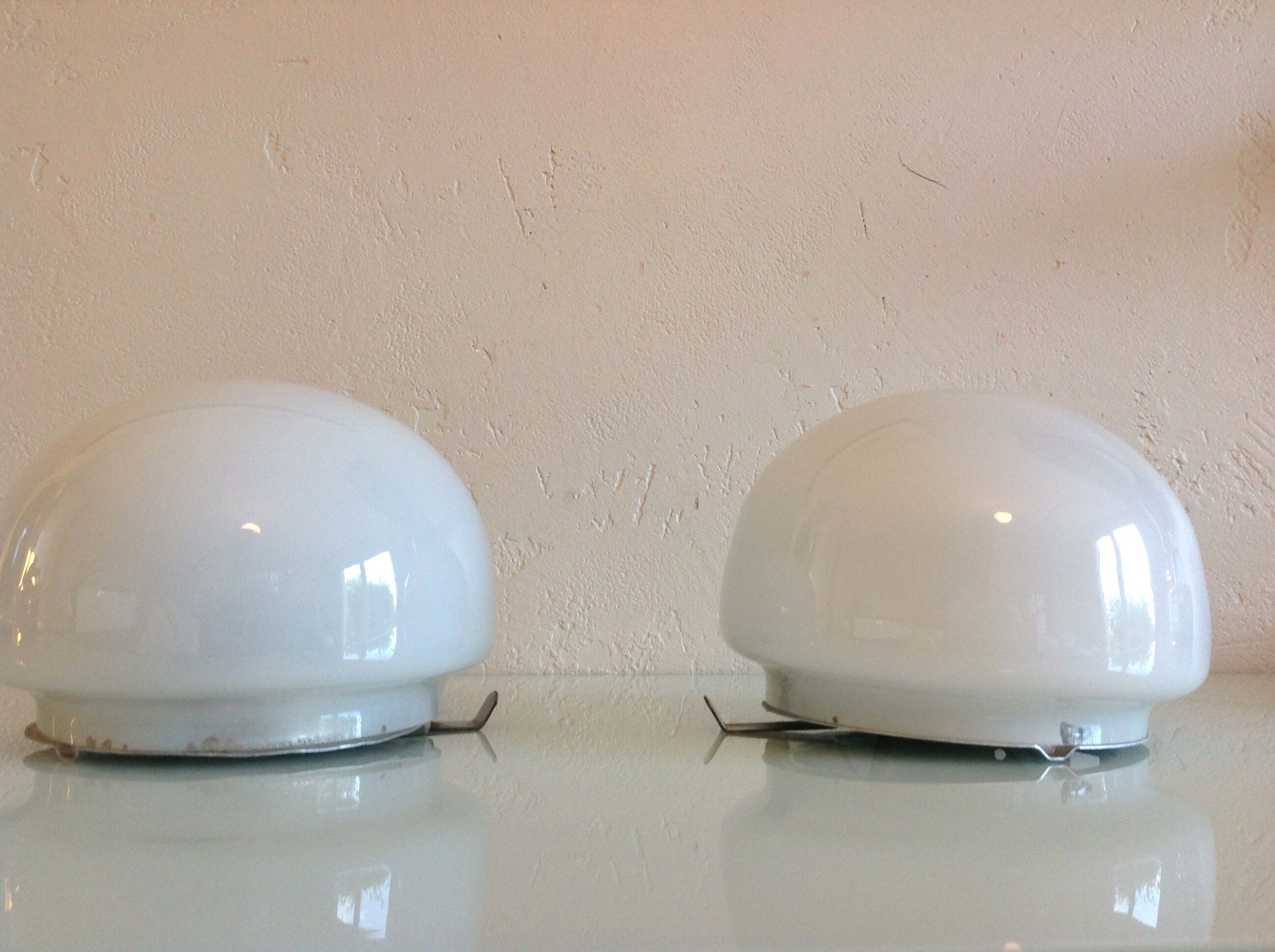 Pair of globe half moon ceiling lights in opaline vintage 60s-70s