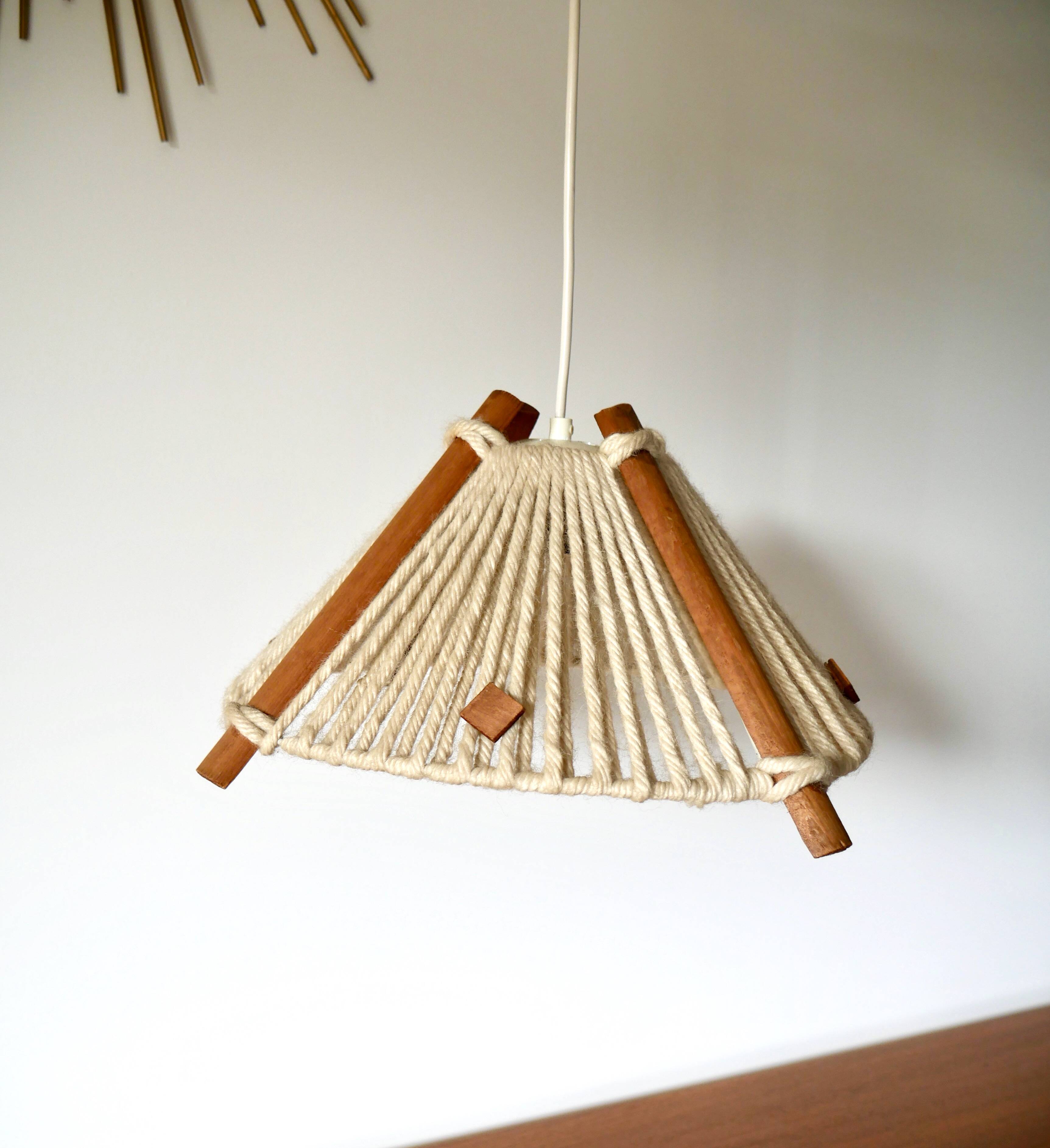 Scandinavian pendant light in wood and wool made in the GDR 60s-70s