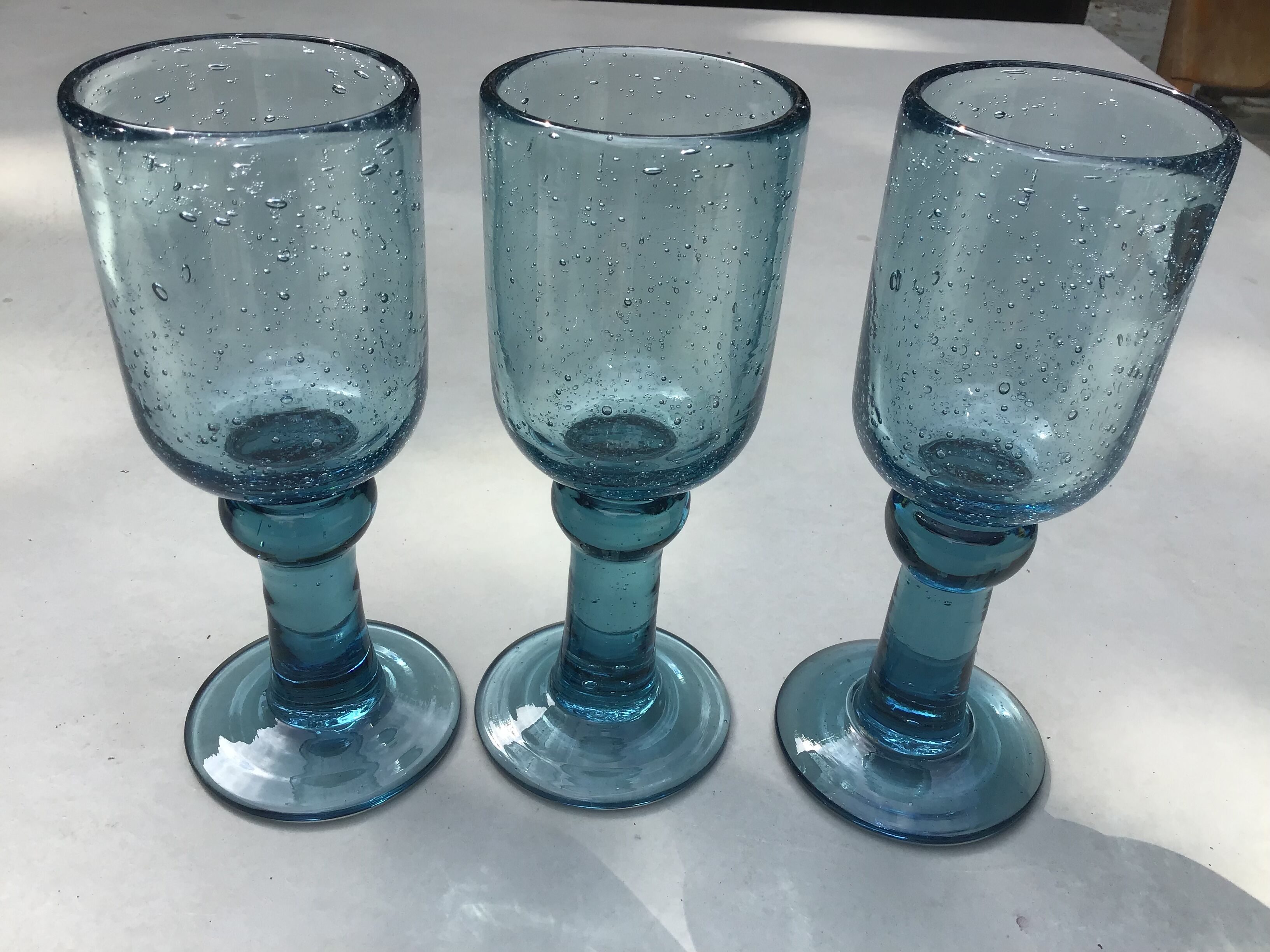 Set of 3 biot bubbled glass of turquoise blue color