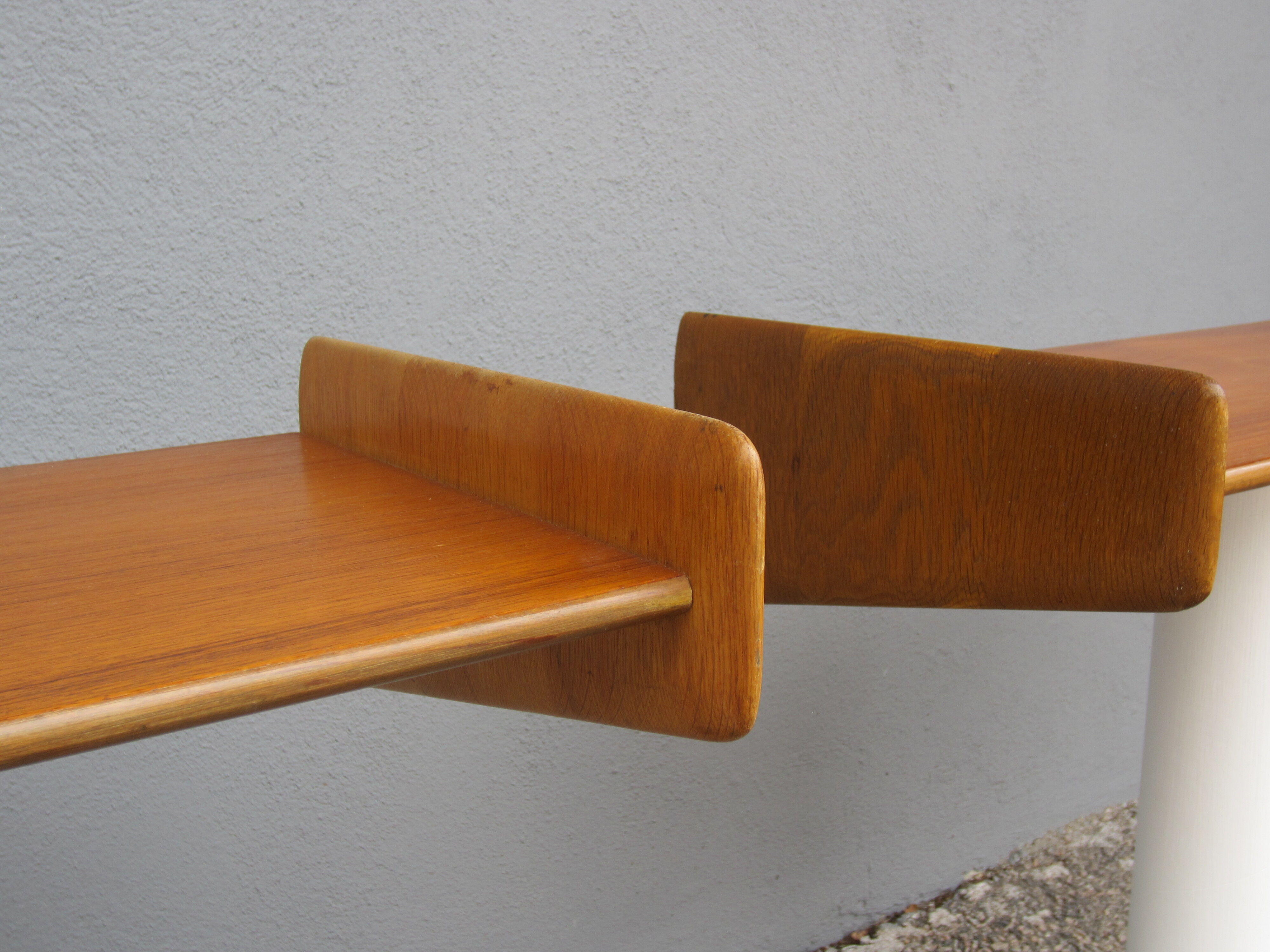 Pair of Scandinavian bedside wall shelves in teak and oak