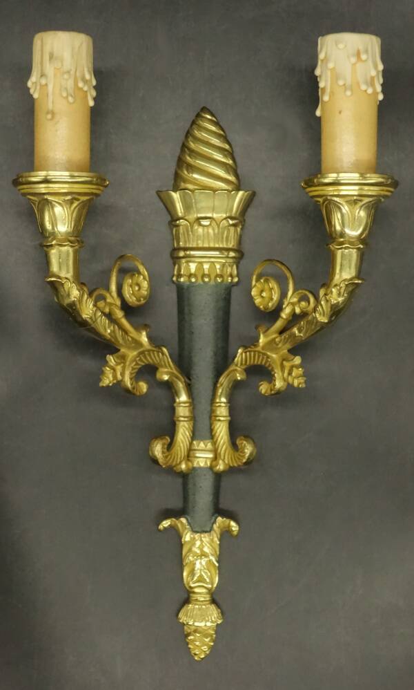 Pair of Restoration style wall lights from Hettier & Vincent - gilded bronze and green patina