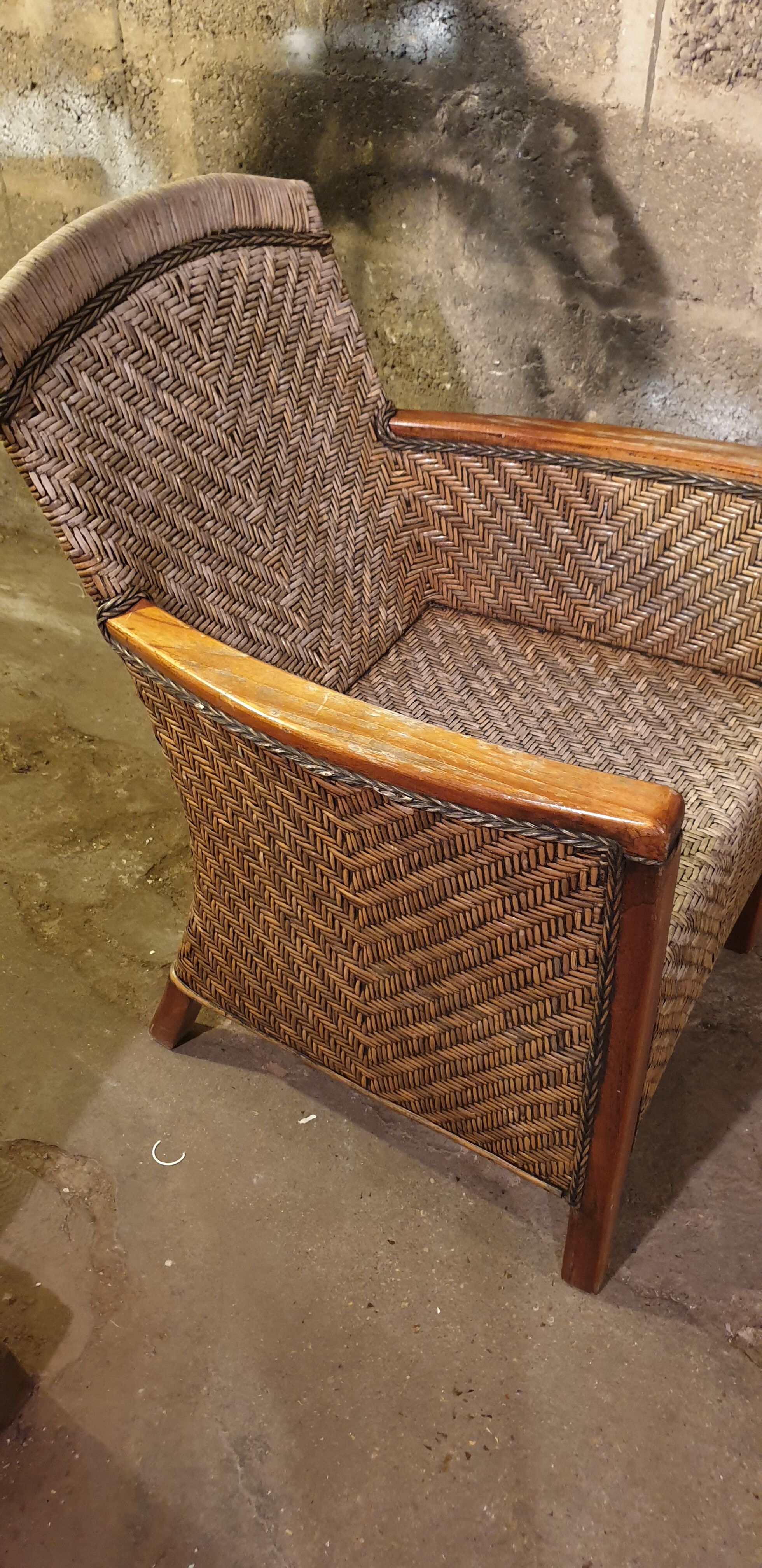 Rattan and wood armchair