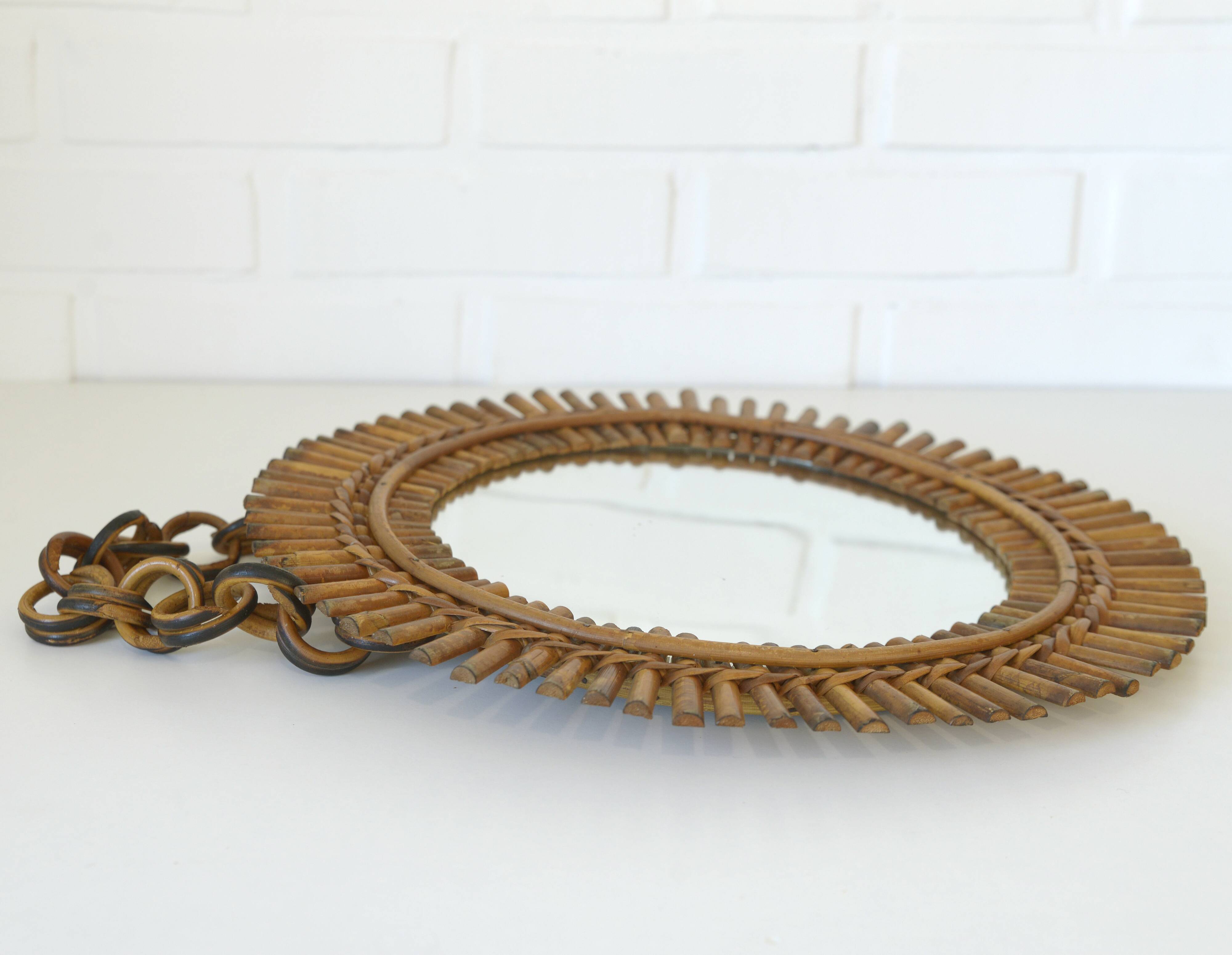Vintage Bamboo Sunburst Wall Mirror / Mid Century Boho Decor 1970's