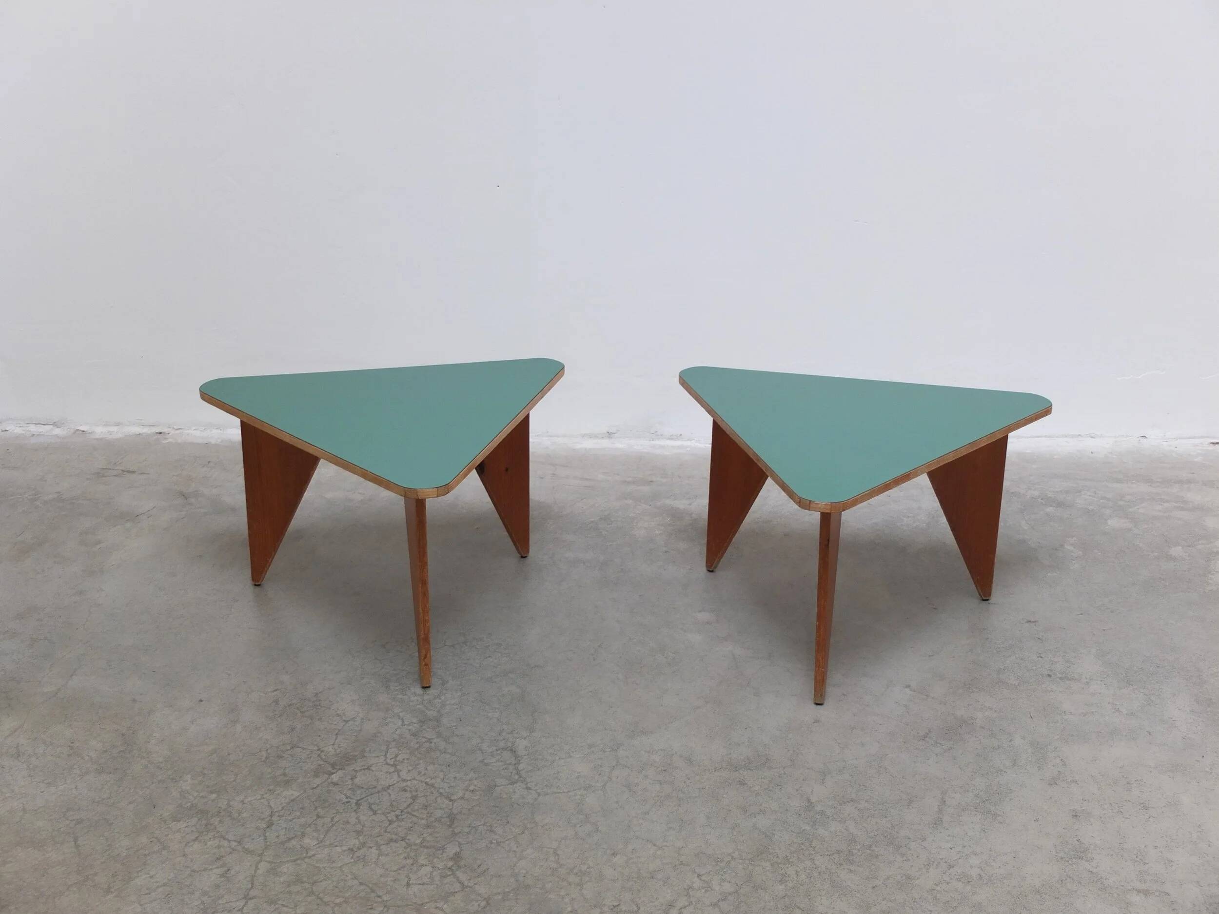 Unique pair of triangular coffee or side tables, 1960s