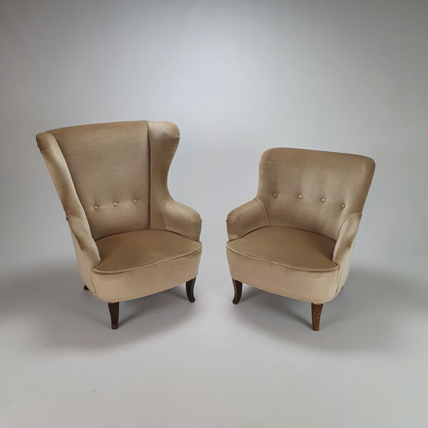 Ensemble de 2 fauteuils et canapé design du milieu du siècle, velours, années 1950
