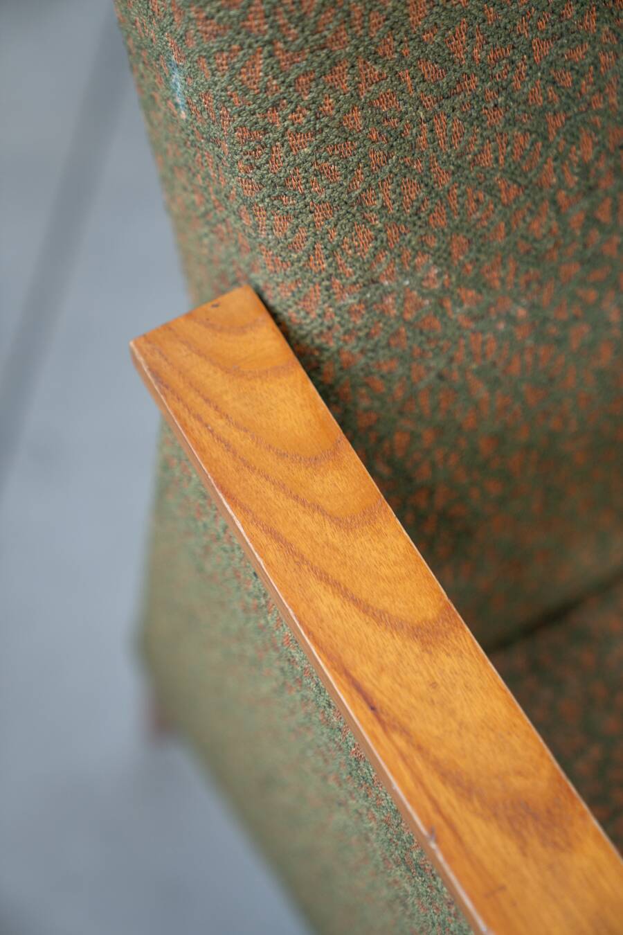 Pair of vintage armchairs in oak and embossed fabric, with old republished certificate of authenticity