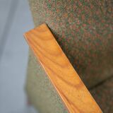 Pair of vintage armchairs in oak and embossed fabric, with old republished certificate of authenticity