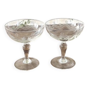 Champagne glasses coupe glasses set of 2 etched floral design crystal