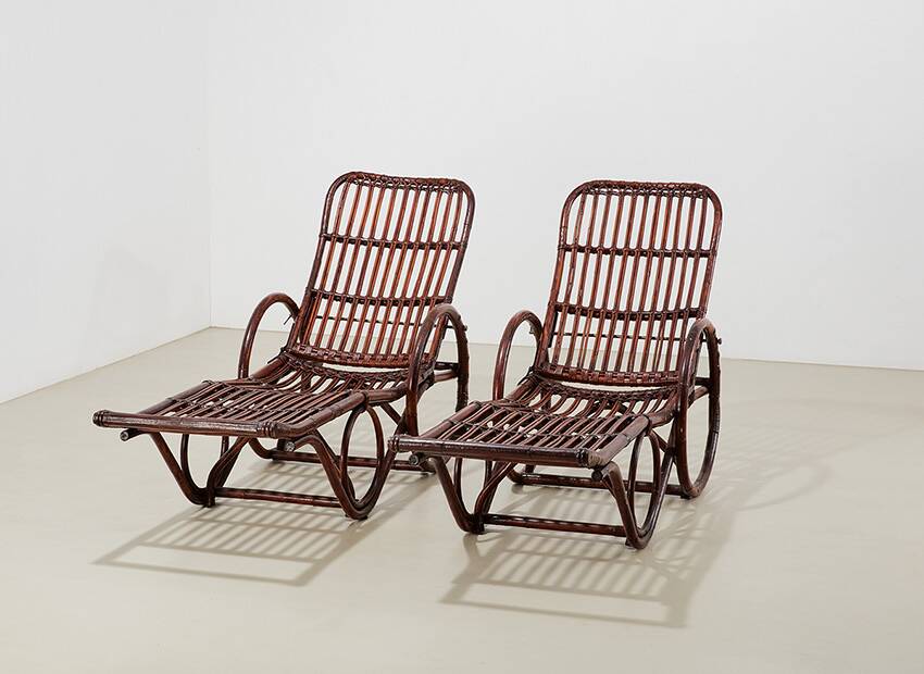 Pair of Bamboo and Rattan Chaise Lounges Germany 1950s
