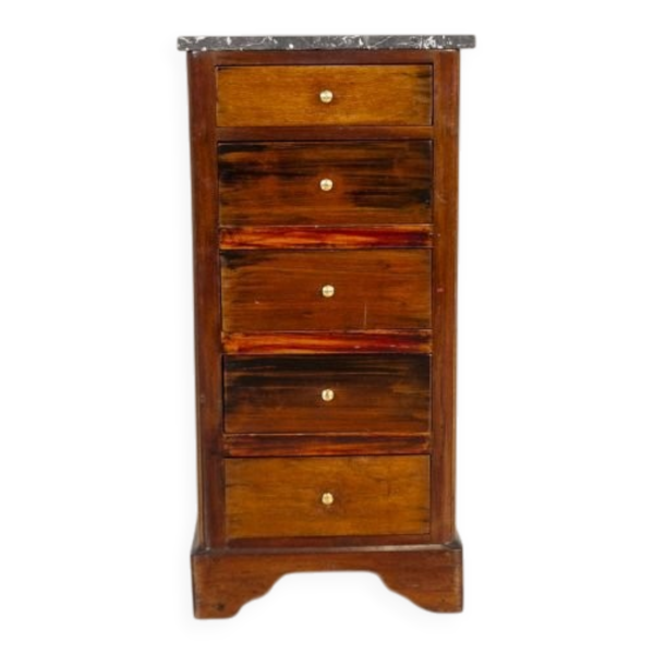 Petite commode Biedermeier en bois et placage d'acajou avec dessus en marbre, années 1930.