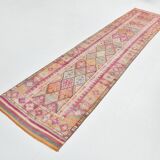 Tapis couloir kilim vintage, Tons pastel rose, bleu et beige, 94x409