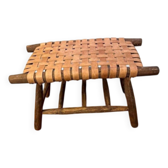 Handmade Moroccan Bench with Black and Brown Leather - Bohemian Ottoman Seating