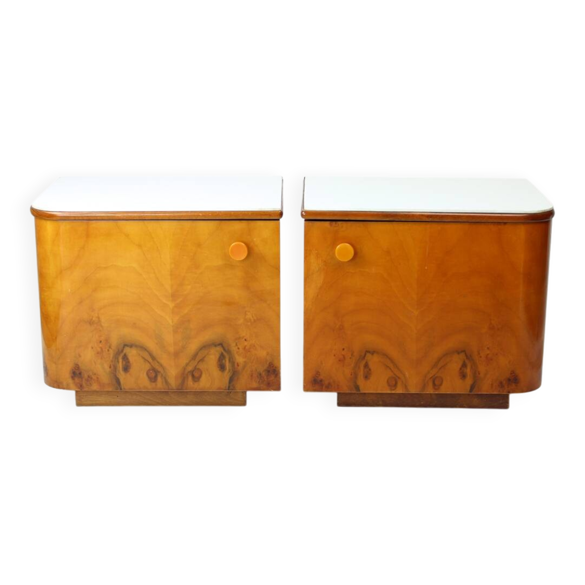 Classical Bedside Tables In Walnut And White Glass, Czechoslovakia 1960s