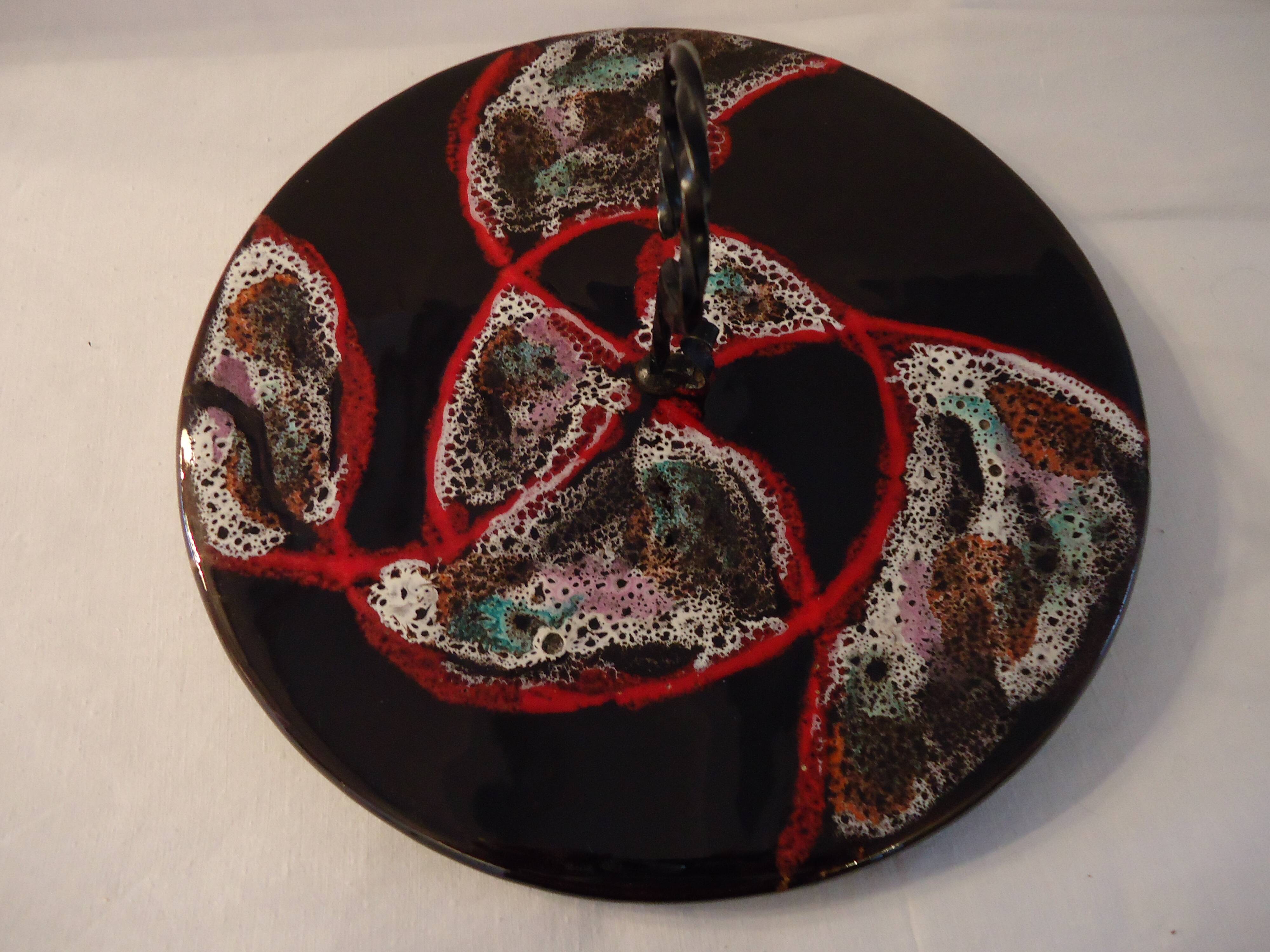 Cheese platter Vallauris glazed ceramic black red A035