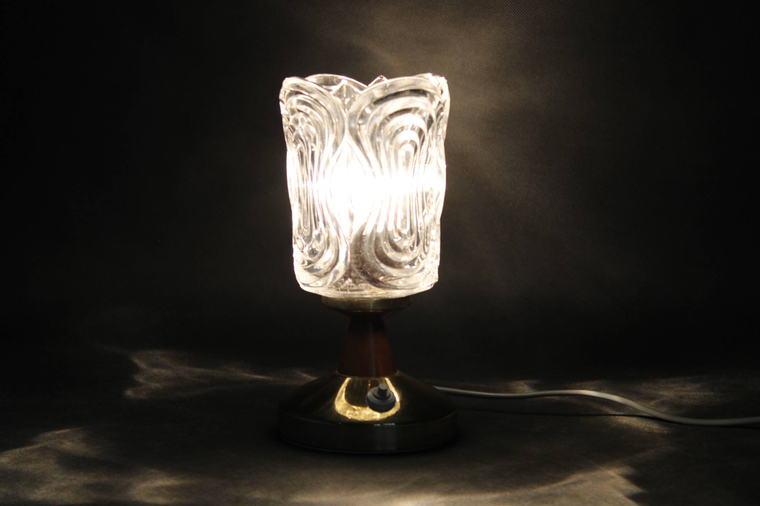 Pair of 1970s Lidokov mid-century table lamps with sculpted pressed glass shades