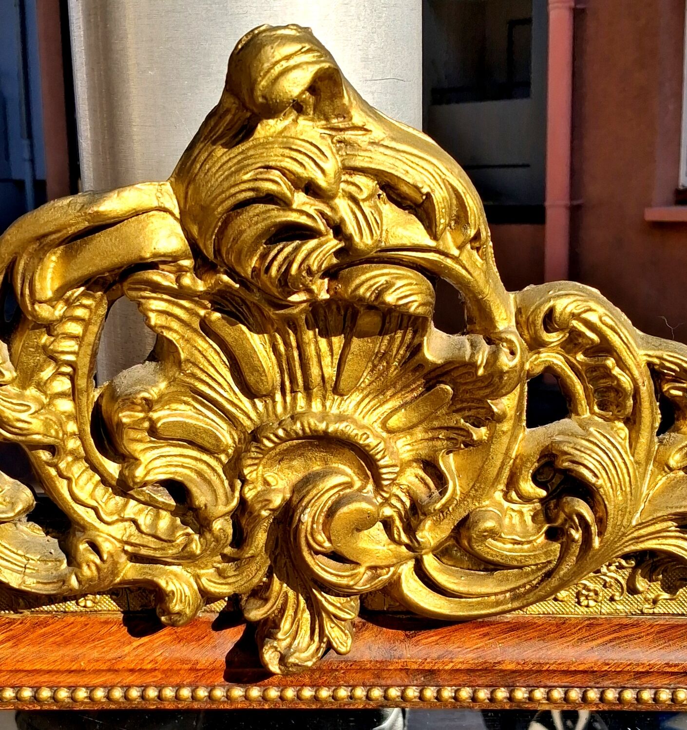 Authentic original Italian fireplace mirror, frame and pediment.