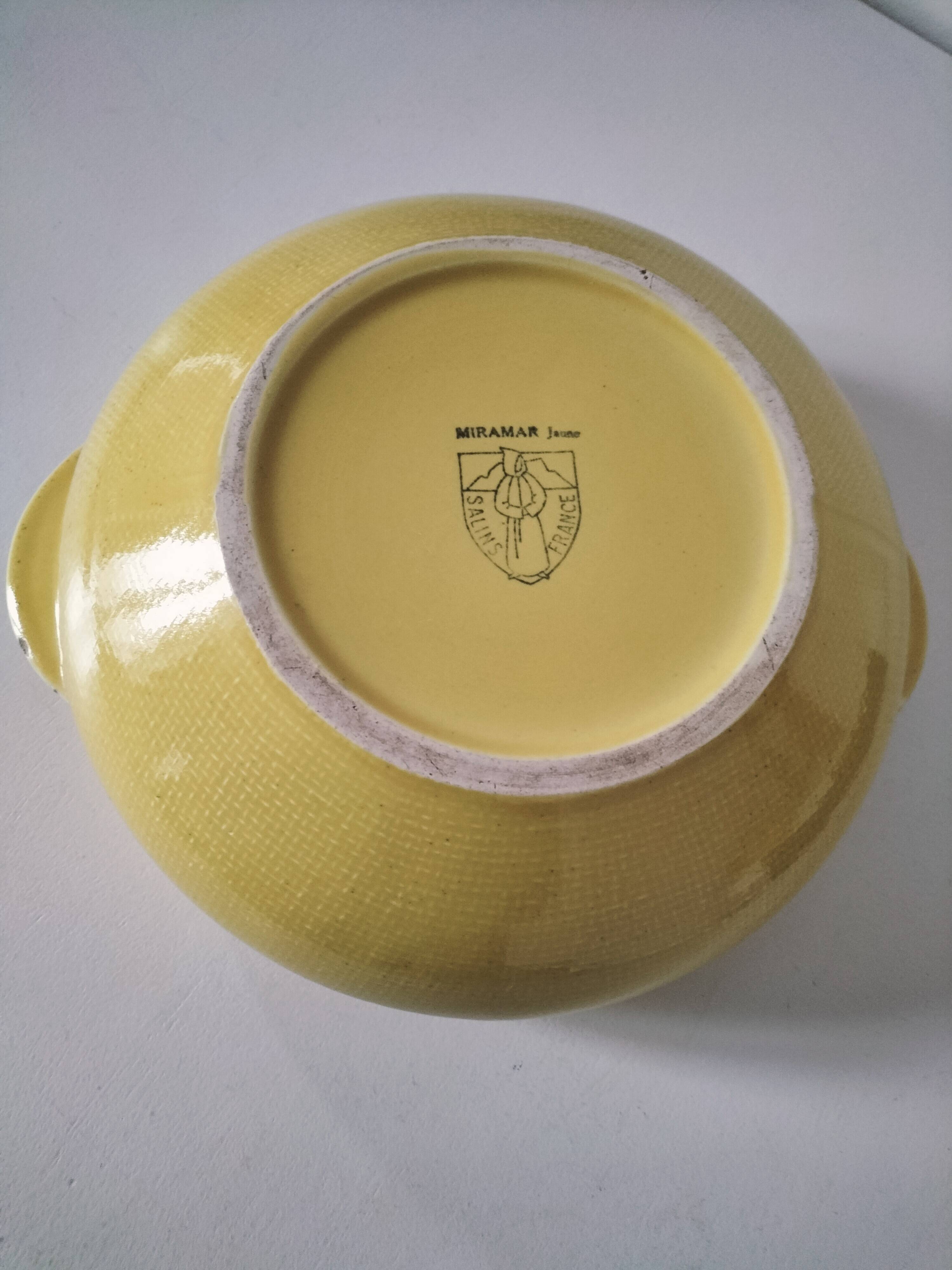 Salins Miramar lemon yellow dish – textured earthenware, 1950s–60s