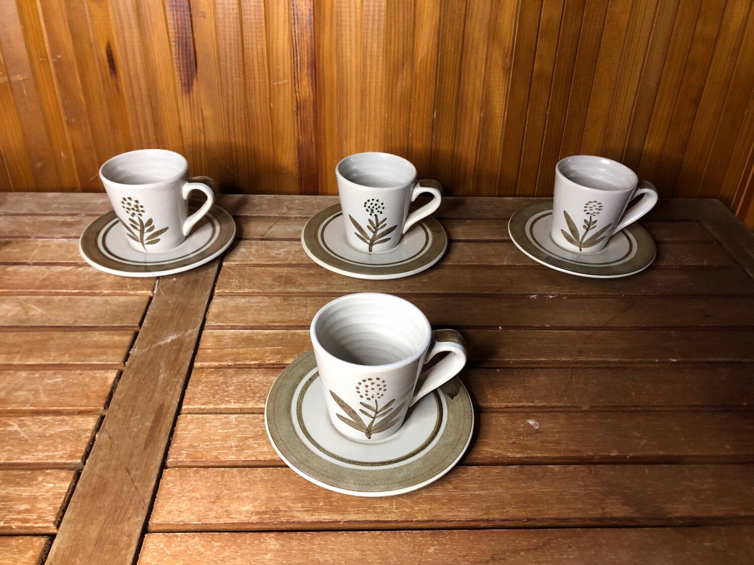 Series of 4 longchamp cups gray brown ceramic flower decor france vintage #a511