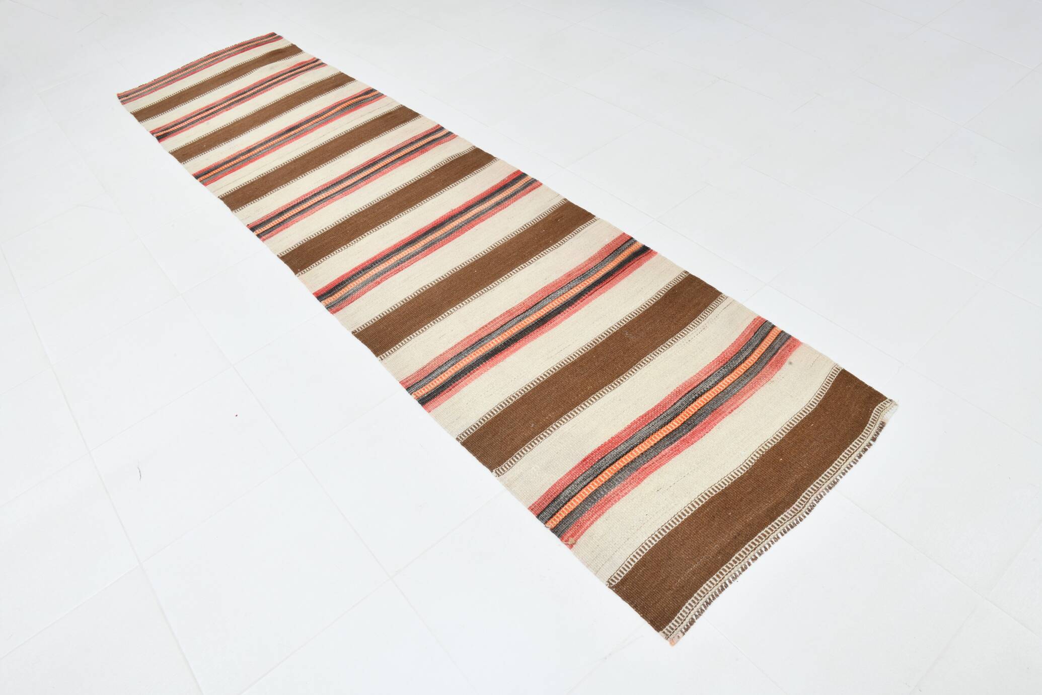 Brown & Beige Striped Vintage Kilim Runner Rug, 78x327Cm
