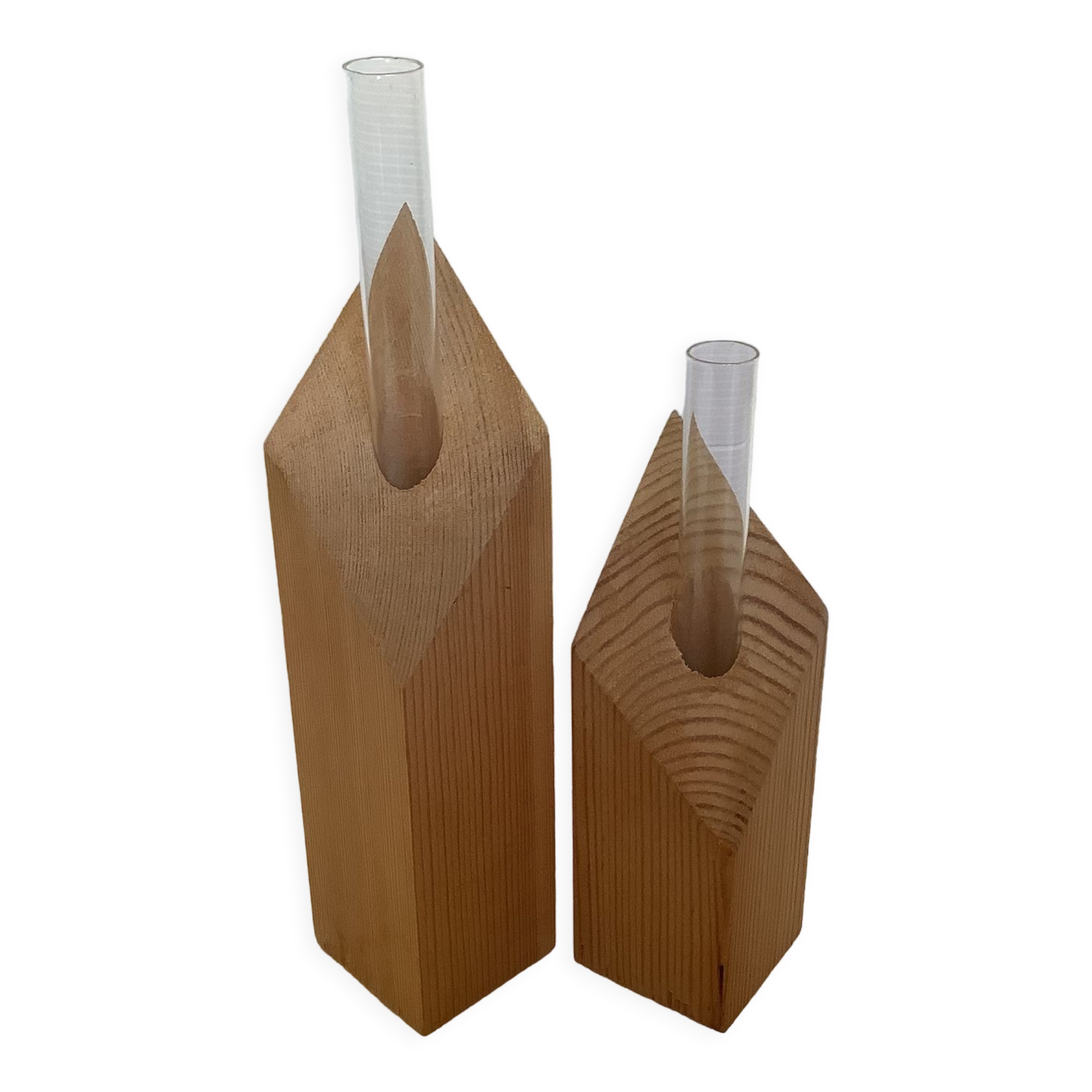 Pair of diamond-shaped wooden Scandinavian test tube vases.
