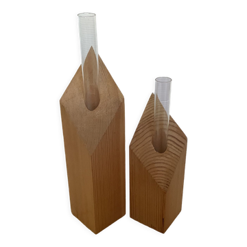 Pair of diamond-shaped wooden Scandinavian test tube vases.