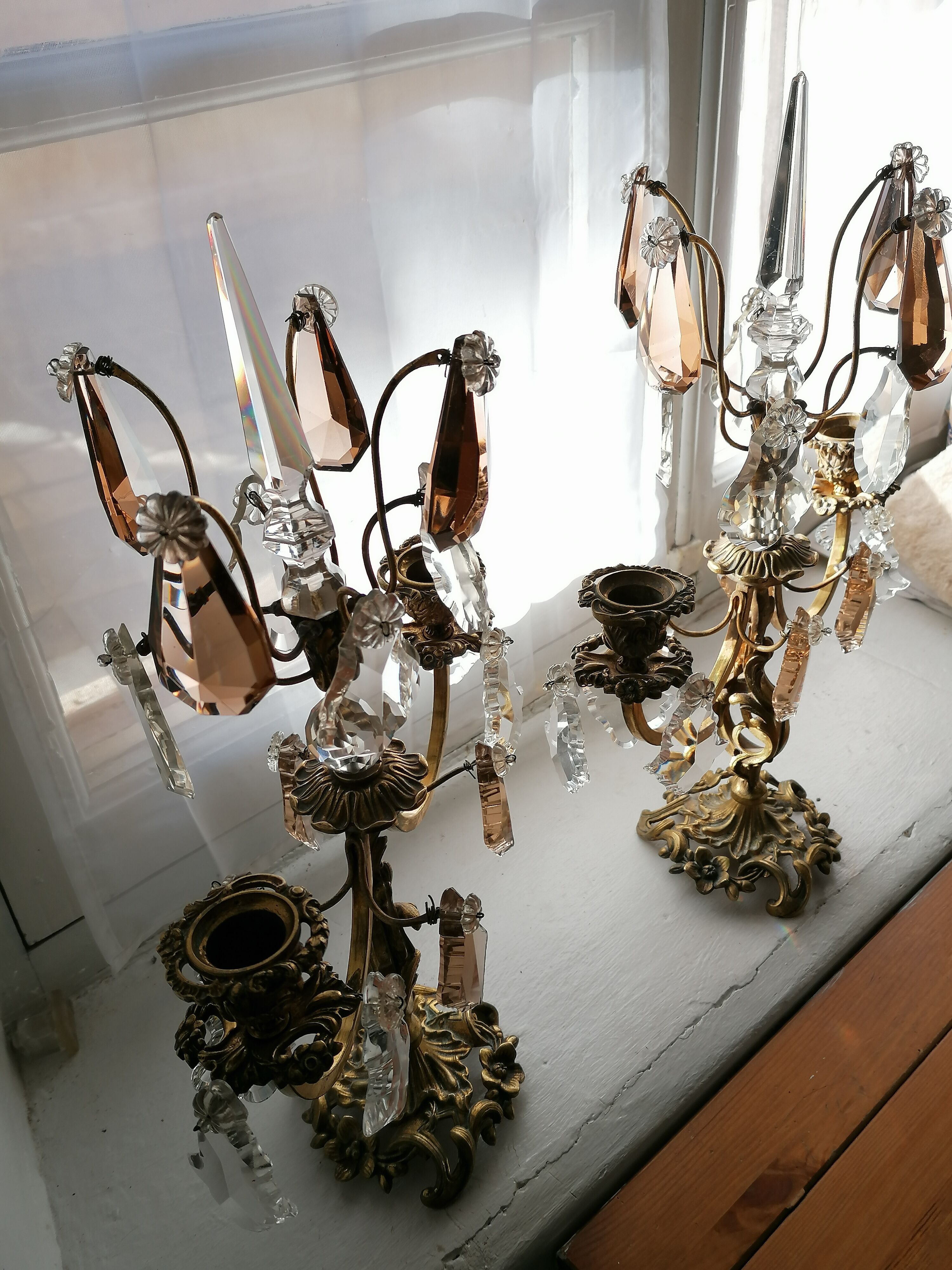 Pair of girandoles, candlesticks with crystal tassels