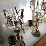 Pair of girandoles, candlesticks with crystal tassels