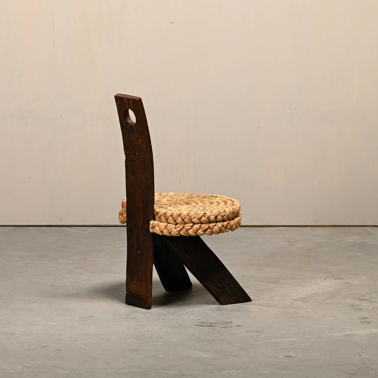 Fireplace Stool in Oak and Straw, France 1950s