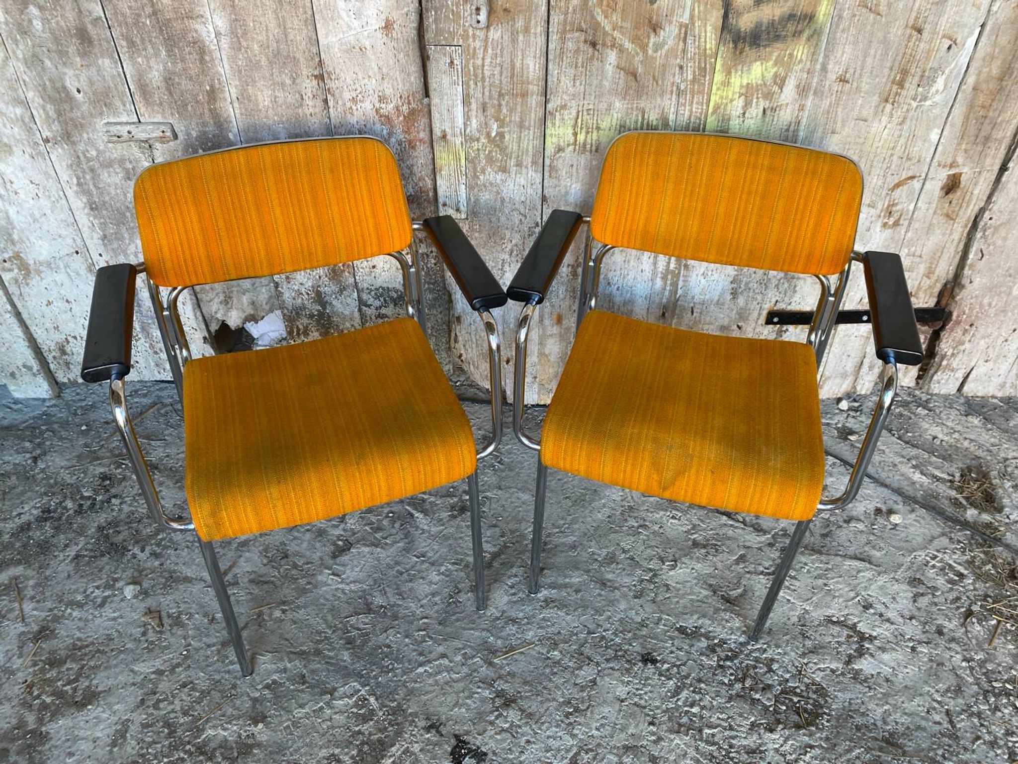 Pair of Vintage 1970s Chrome Metal Armchairs with Orange Fabric and Wood